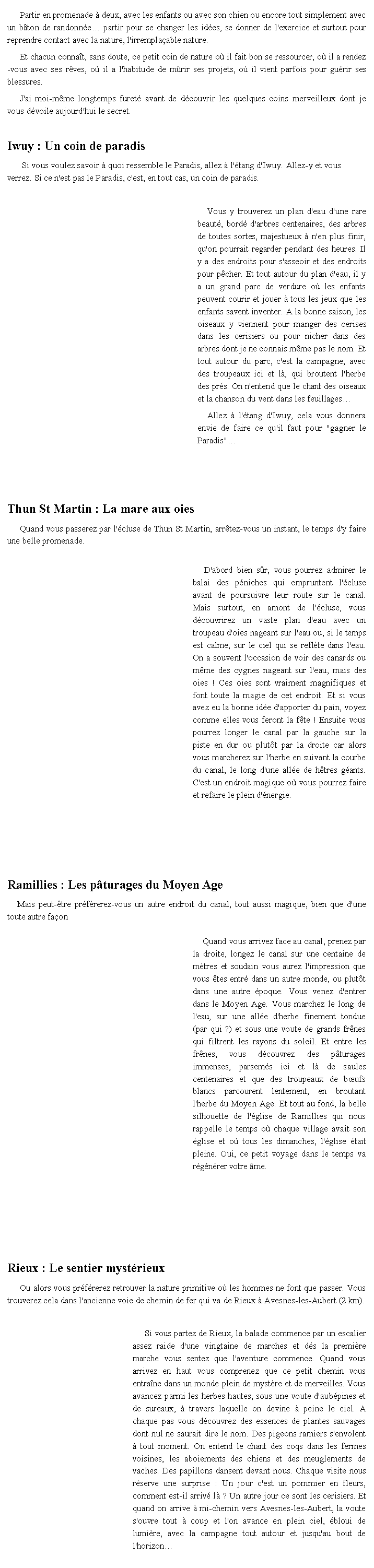 Zone de Texte: Partir en promenade  deux, avec les enfants ou avec son chien ou encore tout simplement avec un bton de randonne partir pour se changer les ides, se donner de l'exercice et surtout pour reprendre contact avec la nature, l'irremplaable nature.Et chacun connat, sans doute, ce petit coin de nature o il fait bon se ressourcer, o il a rendez-vous avec ses rves, o il a l'habitude de mrir ses projets, o il vient parfois pour gurir ses blessures.J'ai moi-mme longtemps furet avant de dcouvrir les quelques coins merveilleux dont je vous dvoile aujourd'hui le secret. Iwuy : Un coin de paradisSi vous voulez savoir  quoi ressemble le Paradis, allez  l'tang d'Iwuy. Allez-y et vous verrez. Si ce n'est pas le Paradis, c'est, en tout cas, un coin de paradis.Vous y trouverez un plan d'eau d'une rare beaut, bord d'arbres centenaires, des arbres de toutes sortes, majestueux  n'en plus finir, qu'on pourrait regarder pendant des heures. Il y a des endroits pour s'asseoir et des endroits pour pcher. Et tout autour du plan d'eau, il y a un grand parc de verdure o les enfants peuvent courir et jouer  tous les jeux que les enfants savent inventer. A la bonne saison, les oiseaux y viennent pour manger des cerises dans les cerisiers ou pour nicher dans des arbres dont je ne connais mme pas le nom. Et tout autour du parc, c'est la campagne, avec des troupeaux ici et l, qui broutent l'herbe des prs. On n'entend que le chant des oiseaux et la chanson du vent dans les feuillagesAllez  l'tang d'Iwuy, cela vous donnera envie de faire ce qu'il faut pour "gagner le Paradis"Thun St Martin : La mare aux oiesQuand vous passerez par l'cluse de Thun St Martin, arrtez-vous un instant, le temps d'y faire une belle promenade. D'abord bien sr, vous pourrez admirer le balai des pniches qui empruntent l'cluse avant de poursuivre leur route sur le canal. Mais surtout, en amont de l'cluse, vous dcouvrirez un vaste plan d'eau avec un troupeau d'oies nageant sur l'eau ou, si le temps est calme, sur le ciel qui se reflte dans l'eau. On a souvent l'occasion de voir des canards ou mme des cygnes nageant sur l'eau, mais des oies ! Ces oies sont vraiment magnifiques et font toute la magie de cet endroit. Et si vous avez eu la bonne ide d'apporter du pain, voyez comme elles vous feront la fte ! Ensuite vous pourrez longer le canal par la gauche sur la piste en dur ou plutt par la droite car alors vous marcherez sur l'herbe en suivant la courbe du canal, le long d'une alle de htres gants. C'est un endroit magique o vous pourrez faire et refaire le plein d'nergie.Ramillies : Les pturages du Moyen AgeMais peut-tre prfrerez-vous un autre endroit du canal, tout aussi magique, bien que d'une toute autre faonQuand vous arrivez face au canal, prenez par la droite, longez le canal sur une centaine de mtres et soudain vous aurez l'impression que vous tes entr dans un autre monde, ou plutt dans une autre poque. Vous venez d'entrer dans le Moyen Age. Vous marchez le long de l'eau, sur une alle d'herbe finement tondue (par qui ?) et sous une voute de grands frnes qui filtrent les rayons du soleil. Et entre les frnes, vous dcouvrez des pturages immenses, parsems ici et l de saules centenaires et que des troupeaux de bufs blancs parcourent lentement, en broutant l'herbe du Moyen Age. Et tout au fond, la belle silhouette de l'glise de Ramillies qui nous rappelle le temps o chaque village avait son glise et o tous les dimanches, l'glise tait pleine. Oui, ce petit voyage dans le temps va rgnrer votre me.Rieux : Le sentier mystrieuxOu alors vous prfrerez retrouver la nature primitive o les hommes ne font que passer. Vous trouverez cela dans l'ancienne voie de chemin de fer qui va de Rieux  Avesnes-les-Aubert (2 km).Si vous partez de Rieux, la balade commence par un escalier assez raide d'une vingtaine de marches et ds la premire marche vous sentez que l'aventure commence. Quand vous arrivez en haut vous comprenez que ce petit chemin vous entrane dans un monde plein de mystre et de merveilles. Vous avancez parmi les herbes hautes, sous une voute d'aubpines et de sureaux,  travers laquelle on devine  peine le ciel. A chaque pas vous dcouvrez des essences de plantes sauvages dont nul ne saurait dire le nom. Des pigeons ramiers s'envolent  tout moment. On entend le chant des coqs dans les fermes voisines, les aboiements des chiens et des meuglements de vaches. Des papillons dansent devant nous. Chaque visite nous rserve une surprise : Un jour c'est un pommier en fleurs, comment est-il arriv l ? Un autre jour ce sont les cerisiers. Et quand on arrive  mi-chemin vers Avesnes-les-Aubert, la voute s'ouvre tout  coup et l'on avance en plein ciel, bloui de lumire, avec la campagne tout autour et jusqu'au bout de l'horizon  