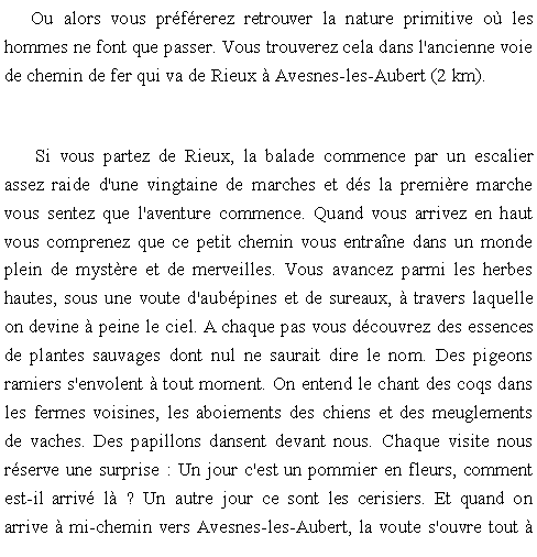 Zone de Texte: Ou alors vous prfrerez retrouver la nature primitive o les hommes ne font que passer. Vous trouverez cela dans l'ancienne voie de chemin de fer qui va de Rieux  Avesnes-les-Aubert (2 km).Si vous partez de Rieux, la balade commence par un escalier assez raide d'une vingtaine de marches et ds la premire marche vous sentez que l'aventure commence. Quand vous arrivez en haut vous comprenez que ce petit chemin vous entrane dans un monde plein de mystre et de merveilles. Vous avancez parmi les herbes hautes, sous une voute d'aubpines et de sureaux,  travers laquelle on devine  peine le ciel. A chaque pas vous dcouvrez des essences de plantes sauvages dont nul ne saurait dire le nom. Des pigeons ramiers s'envolent  tout moment. On entend le chant des coqs dans les fermes voisines, les aboiements des chiens et des meuglements de vaches. Des papillons dansent devant nous. Chaque visite nous rserve une surprise : Un jour c'est un pommier en fleurs, comment est-il arriv l ? Un autre jour ce sont les cerisiers. Et quand on arrive  mi-chemin vers Avesnes-les-Aubert, la voute s'ouvre tout  