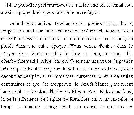 Zone de Texte: Mais peut-tre prfrerez-vous un autre endroit du canal tout aussi magique, bien que d'une toute autre faonQuand vous arrivez face au canal, prenez par la droite, longez le canal sur une centaine de mtres et soudain vous aurez l'impression que vous tes entr dans un autre monde, ou plutt dans une autre poque. Vous venez d'entrer dans le Moyen Age. Vous marchez le long de l'eau, sur une alle d'herbe finement tondue (par qui ?) et sous une voute de grands frnes qui filtrent les rayons du soleil. Et entre les frnes, vous dcouvrez des pturages immenses, parsems ici et l de saules centenaires et que des troupeaux de bufs blancs parcourent lentement, en broutant l'herbe du Moyen Age. Et tout au fond, la belle silhouette de l'glise de Ramillies qui nous rappelle le temps o chaque village avait son glise et o tous les 